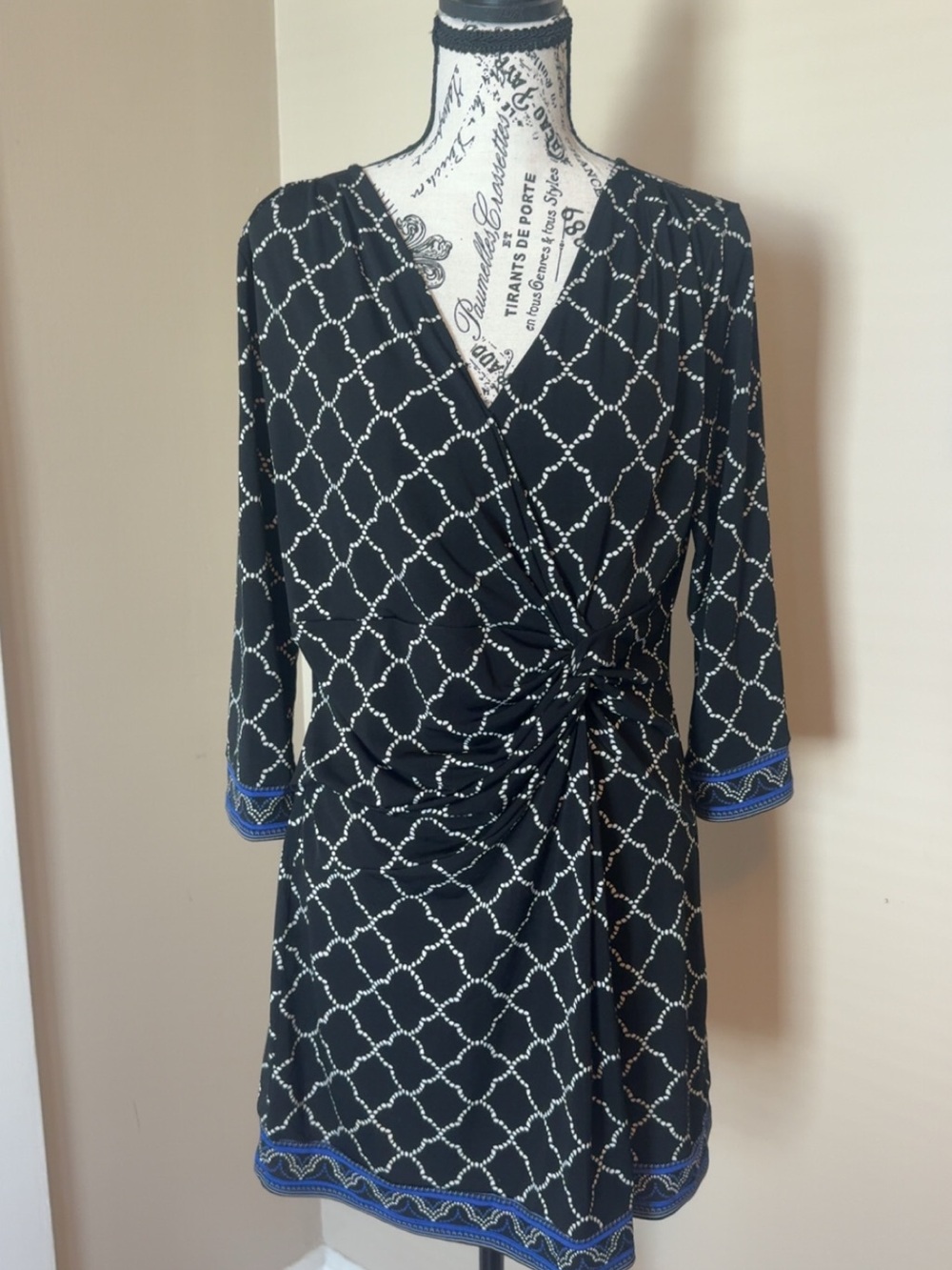 Black & White Wrap Dress with Blue Trim